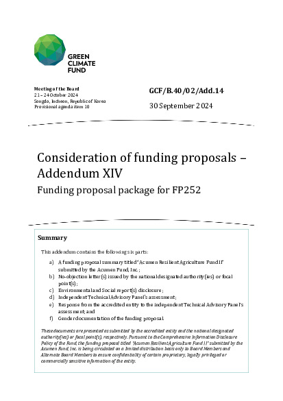 Document cover for Consideration of funding proposals – Addendum XIV Funding proposal package for FP252