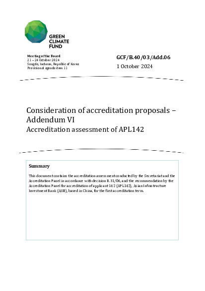 Document cover for Consideration of accreditation proposals – Addendum VI Accreditation assessment of APL142