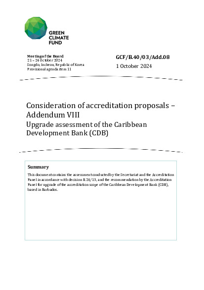 Document cover for Consideration of accreditation proposals – Addendum VIII Upgrade assessment of the Caribbean Development Bank (CDB)