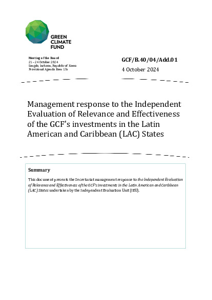 Document cover for Management response to the Independent Evaluation of Relevance and Effectiveness of the GCF's investments in the Latin American and Caribbean (LAC) States