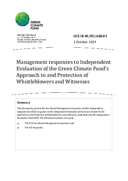 Document cover for Management responses to Independent  Evaluation of the Green Climate Fund's  Approach to and Protection of  Whistleblowers and Witnesses 