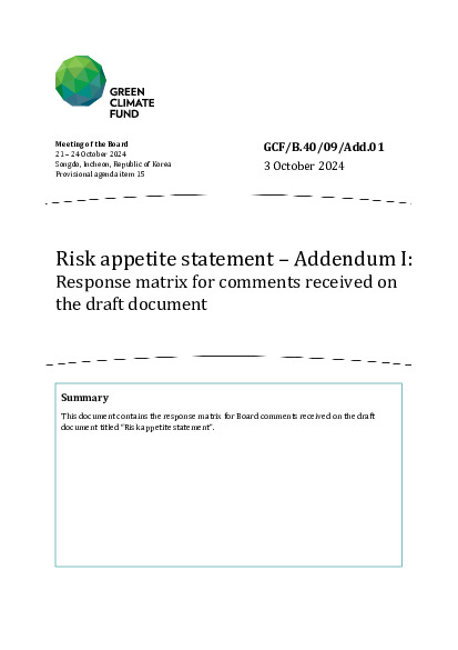 Document cover for Risk appetite statement – Addendum I:  Response matrix for comments received on the draft document