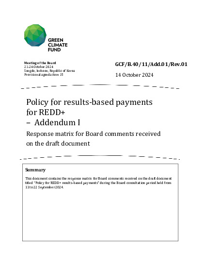 Document cover for Policy for results-based payments  for REDD+  – Addendum I Response matrix for Board comments received  on the draft document