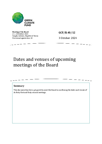 Document cover for Dates and venues of upcoming  meetings of the Board