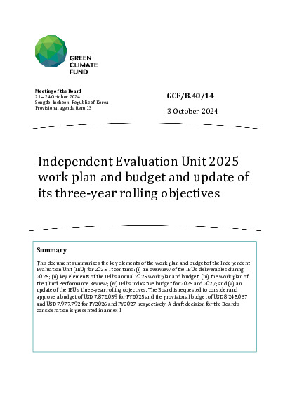 Document cover for Independent Evaluation Unit 2025 work plan and budget and update of  its three-year rolling objectives