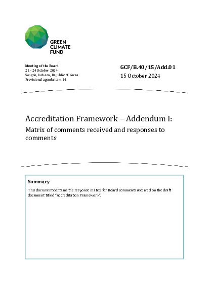 Document cover for Accreditation Framework – Addendum I: Matrix of comments received and responses to comments