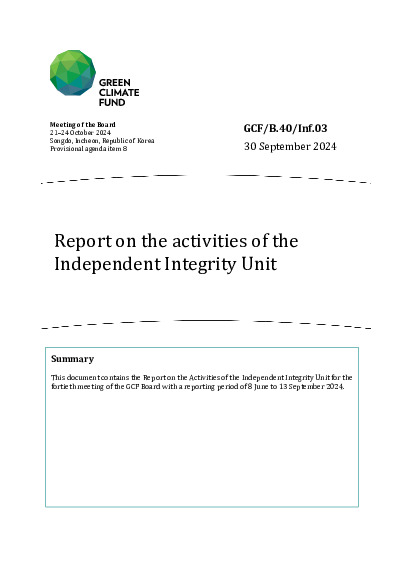 Document cover for Report on the activities of the Independent Integrity Unit