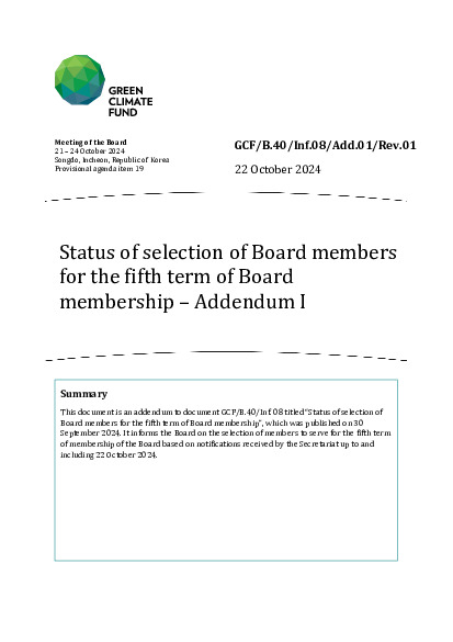 Document cover for Status of selection of Board members for the fifth term of Board membership – Addendum I