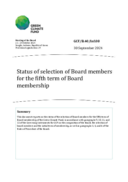 Document cover for Status of selection of Board members for the fifth term of Board membership