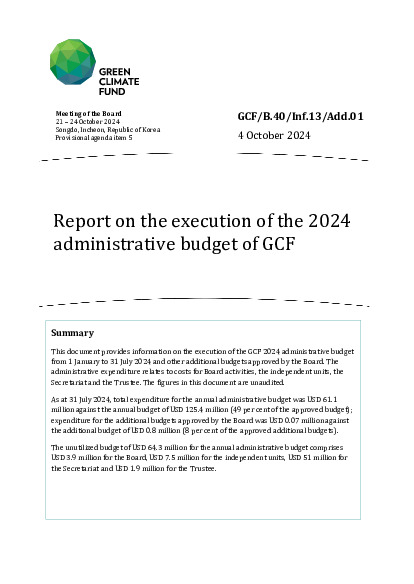 Document cover for Report on the execution of the 2024 administrative budget of GCF